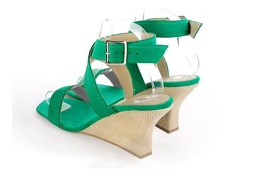 Women's emerald green elegant fully open cross straps sandals. Square toe. High wedge heels - Rear view